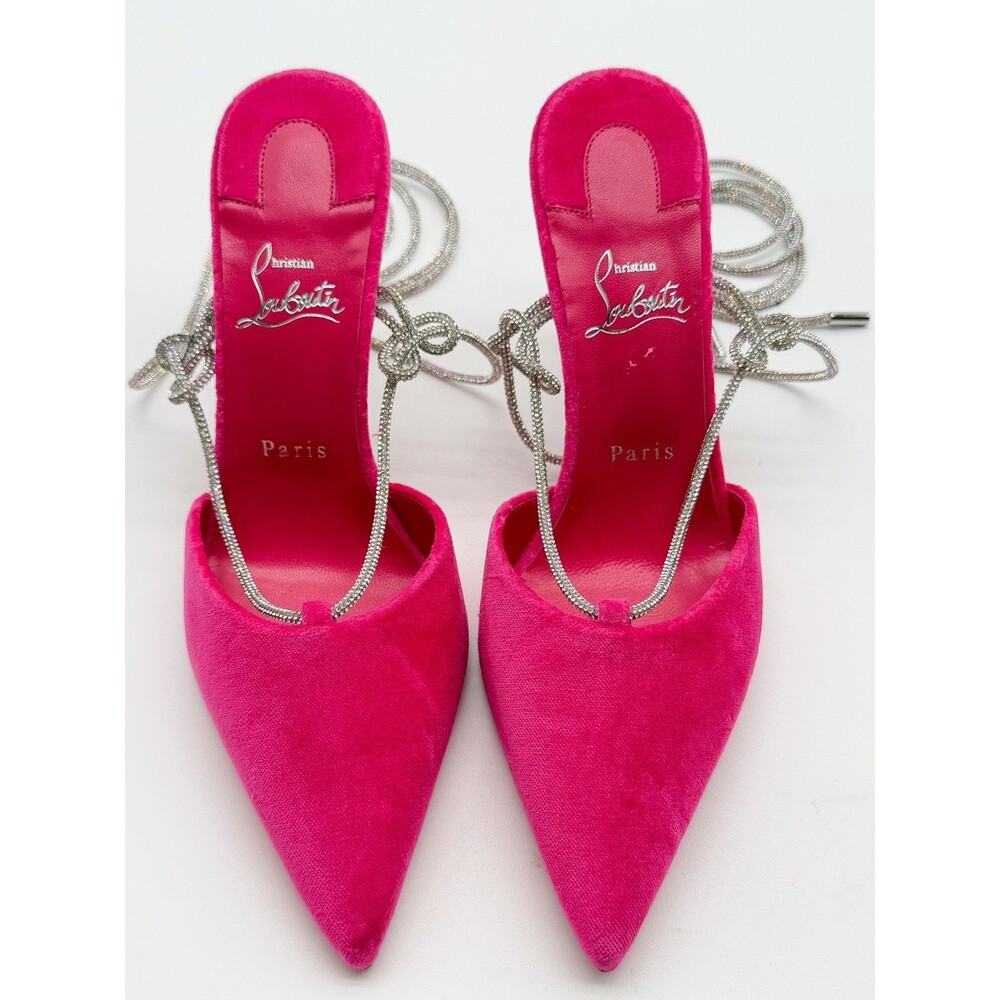 CHRISTIAN LOUBOUTIN Astrid Lace Strass 85 Pink Velvet Pumps Ankle Tie EU 39 US 9 - Picture 10 of 13